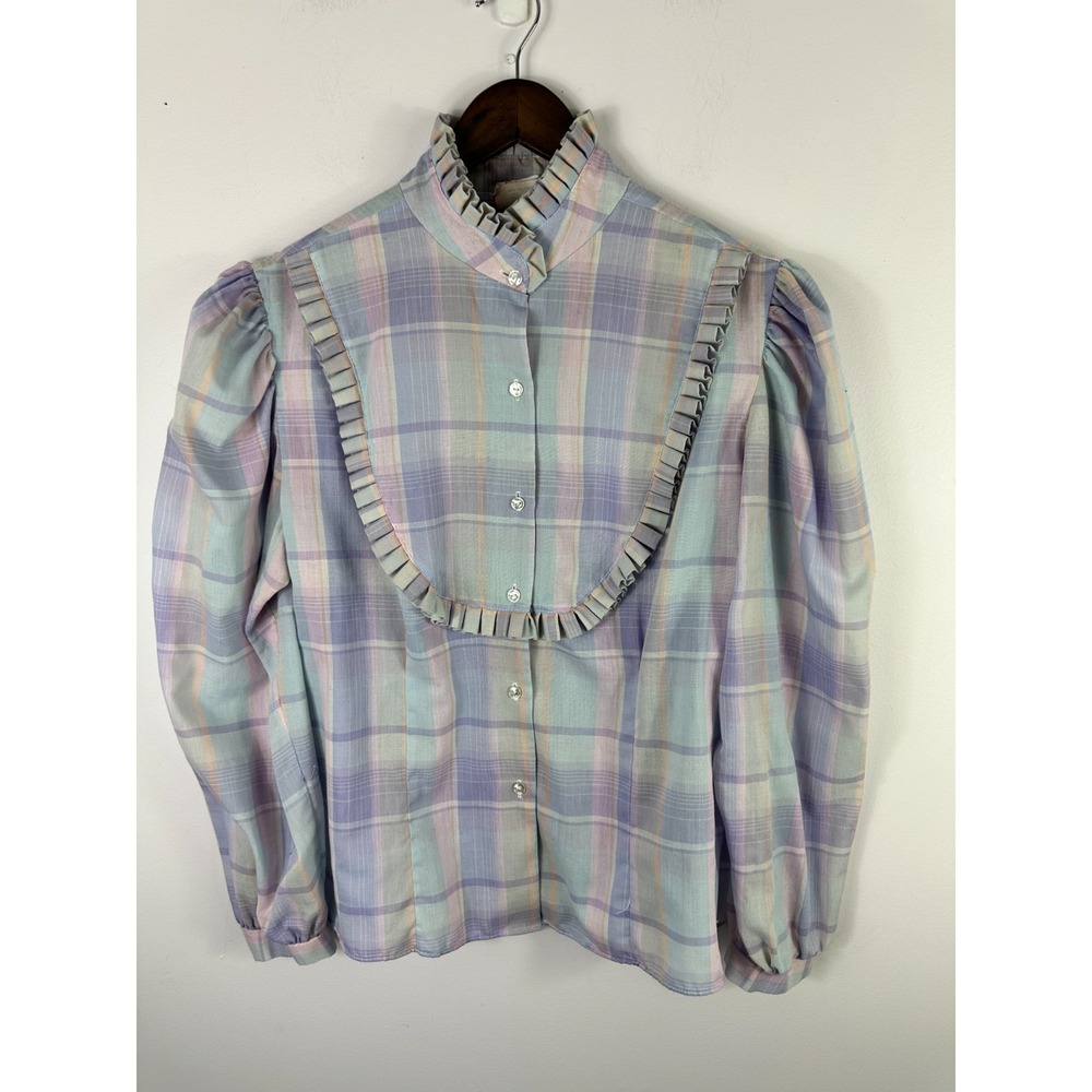 Vintage 70s Purple Plaid Button Up Shirt Women Large Long Sleeve Western Cottage